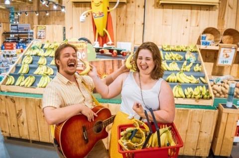 BennAnna playing music in front of bananas