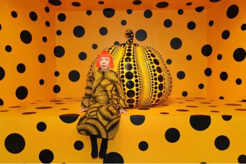 Yayoi Kusama with pumpkin at Aichi Triennale 2010