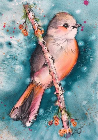 Watercolor bird on branch