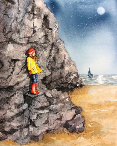 watercolor girl on rocks
