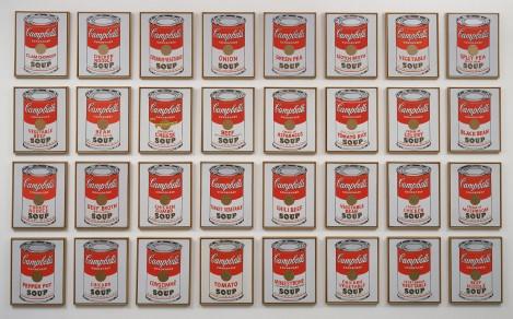 Campbell's Soup Cans  Andy Warhol (American, 1928–1987)  1962. Synthetic polymer paint on thirty-two canvases, Each canvas 20 x 16" (50.8 x 40.6 cm). Overall installation with 3" between each panel is 97" high x 163" wide